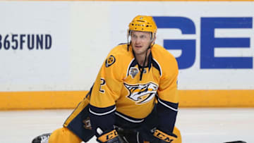 NASHVILLE, TN - JANUARY 16: Anthony Bitetto #2 of the Nashville Predators warms up against the Minnesota Wild during an NHL game at Bridgestone Arena on January 16, 2016 in Nashville, Tennessee. (Photo by John Russell/NHLI via Getty Images)