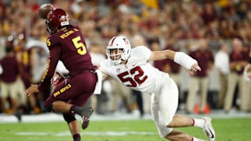 TEMPE, AZ - OCTOBER 18: Manny Wilkins #5 of the Arizona State Sun Devils makes a move around Casey Toohill #52 of the Stanford Cardinal in the second quarter of the game at Sun Devil Stadium on October 18, 2018 in Tempe, Arizona. (Photo by Joe Robbins/Getty Images)
