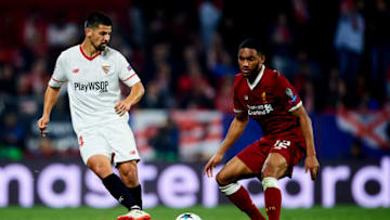 SEVILLE, SPAIN - NOVEMBER 21: Manuel Agudo 'Nolito' of Sevilla FC duels for the ball with Joe Gomez of Liverpool FC during the UEFA Champions League group E match between Sevilla FC and Liverpool FC at Estadio Ramon Sanchez Pizjuan on November 21, 2017 in Seville, Spain. (Photo by Aitor Alcalde/Getty Images)