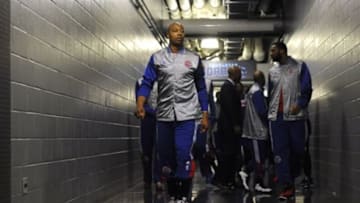 Apr 1, 2015; Charlotte, NC, USA; Detroit Pistons forward Caron Butler (31) walks out to the court before the first half of a game against the Charlotte Hornets at Time Warner Cable Arena. Mandatory Credit: Sam Sharpe-USA TODAY Sports