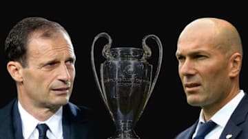 FILE PHOTO (EDITORS NOTE: GRADIENT ADDED) - Image numbers 464313758,674881574,686430224 ) In this composite image a comparision has been made between Juventus FC head coach Massimiliano Allegri and Zinedine Zidane, Head Coach of Real Madrid. Juventus and Real Madrid meet in the UEFA Champions League Final at the National Stadium of Wales on June 3, 2017 in Cardiff,Wales. ***LEFT IMAGE*** BERGAMO, ITALY - APRIL 28: Juventus FC coach Massimiliano Allegri looks on before the Serie A match between Atalanta BC and Juventus FC at Stadio Atleti Azzurri d'Italia on April 28, 2017 in Bergamo, Italy. (Photo by Emilio Andreoli/Getty Images) ***RIGHT IMAGE*** MALAGA, SPAIN - MAY 21: Zinedine Zidane, Manager of Real Madrid looks on during the La Liga match between Malaga and Real Madrid at La Rosaleda Stadium on May 21, 2017 in Malaga, Spain. (Photo by Aitor Alcalde/Getty Images)