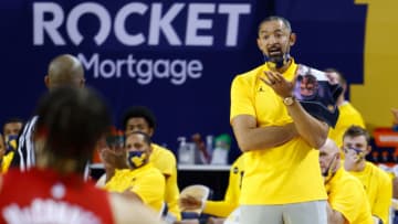 Feb 18, 2021; Ann Arbor, Michigan, USA; Michigan Wolverines head coach Juwan Howard reacts during the second half against the Rutgers Scarlet Knights at Crisler Center. Mandatory Credit: Rick Osentoski-USA TODAY Sports