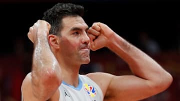 BEIJING, CHINA - SEPTEMBER 13: Luis Scola #4 of Argentina celebrate after their team's win against France during the semi-finals of 2019 FIBA World Cup match between Argentina and France at Beijing Wukesong Sport Arena on September 13, 2019 in Beijing, China. (Photo by Fred Lee/Getty Images)