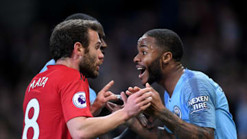 MANCHESTER, ENGLAND - NOVEMBER 11: Juan Mata of Manchester United argues with Raheem Sterling of Manchester City after the Premier League match between Manchester City and Manchester United at Etihad Stadium on November 11, 2018 in Manchester, United Kingdom. (Photo by Laurence Griffiths/Getty Images)