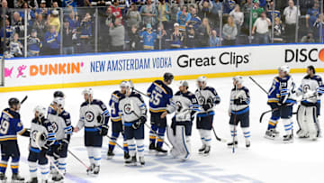 ST. LOUIS, MO - APRIL 20: Players form the traditional handshake line after the Blues won the first round Stanley Cup Playoffs series between the Winnipeg Jets and the St. Louis Blues, on April 20, 2019, at Enterprise Center, St. Louis, Mo. (Photo by Keith Gillett/Icon Sportswire via Getty Images)