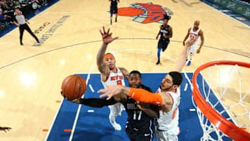 NEW YORK, NY - DECEMBER 3: Michael Beasley #8 of the New York Knicks blocks the shot by Jonathon Simmons #17 of the Orlando Magic during the game between the two teams on December 3, 2017 at Madison Square Garden in New York, New York. Copyright 2017 NBAE (Photo by Nathaniel S. Butler/NBAE via Getty Images)