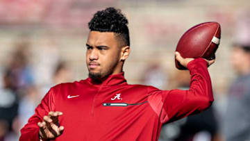 FAYETTEVILLE, AR - NOVEMBER 9: Tua Tagovailoa #13 of the Alabama Crimson Tide warms up before a game against the Mississippi State Bulldogs at Davis Wade Stadium on November 16, 2019 in Starkville, Mississippi. The Crimson Tide defeated the Bulldogs 38-7. (Photo by Wesley Hitt/Getty Images)