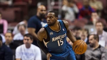 Oct 23, 2013; Philadelphia, PA, USA; Minnesota Timberwolves forward Shabazz Muhammad (15) brings the ball up court during the fourth quarter against the Philadelphia 76ers at Wells Fargo Center. The Timberwolves defeated the Sixers 125-102. Mandatory Credit: Howard Smith-USA TODAY Sports