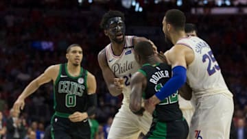 PHILADELPHIA, PA - MAY 7: Joel Embiid #21 of the Philadelphia 76ers gets into an altercation with Terry Rozier #12 of the Boston Celtics as Jayson Tatum #0 of the Boston Celtics and Ben Simmons #25 of the Philadelphia 76ers try to break them up in the second quarter during Game Four of the Eastern Conference Second Round of the 2018 NBA Playoffs at Wells Fargo Center on May 7, 2018 in Philadelphia, Pennsylvania. NOTE TO USER: User expressly acknowledges and agrees that, by downloading and or using this photograph, User is consenting to the terms and conditions of the Getty Images License Agreement. (Photo by Mitchell Leff/Getty Images)