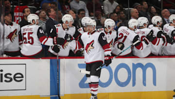DENVER, COLORADO - OCTOBER 12: Michael Grabner #40 of the Arizona Coyotes celebrates with his bench after scoring a goal against the Colorado Avalanche at the Pepsi Center on October 12, 2019 in Denver, Colorado.