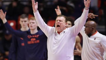 Jan 14, 2022; Champaign, Illinois, USA; Illinois Fighting Illini head coach Brad Underwood reacts off the bench during the second half against the Michigan Wolverines at State Farm Center. Mandatory Credit: Ron Johnson-USA TODAY Sports