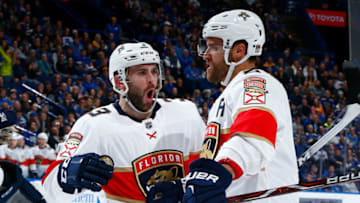 ST. LOUIS, MO - JANUARY 9: Aaron Ekblad #5 and Keith Yandle #3 of the Florida Panthers celebrate Ekbald's goal against the St. Louis Blues at Scottrade Center on January 9, 2018 in St. Louis, Missouri. (Photo by Dilip Vishwanat/NHLI via Getty Images)