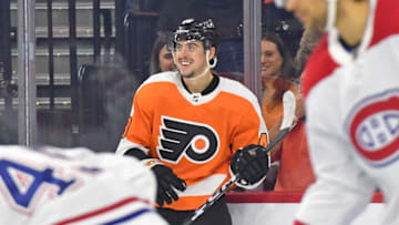 Mar 28, 2023; Philadelphia, Pennsylvania, USA; Philadelphia Flyers center Morgan Frost (48) celebrates his goal against the Montreal Canadiens during the second period at Wells Fargo Center. Mandatory Credit: Eric Hartline-USA TODAY Sports