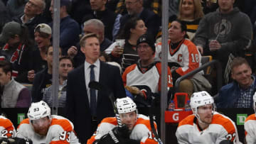 BOSTON, MA - OCTOBER 25: Philadelphia Flyers head coach Dave Hakstol during a game between the Boston Bruins and the Philadelphia Flyers on October 25, 2018, at TD Garden in Boston, Massachusetts. The Bruins defeated the Flyers 3-0. (Photo by Fred Kfoury III/Icon Sportswire via Getty Images)