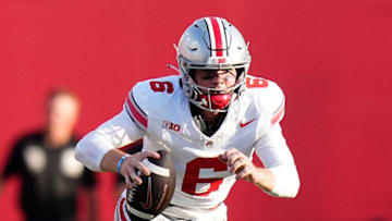 Sep 2, 2023; Bloomington, Indiana, USA; Ohio State Buckeyes quarterback Kyle McCord (6) runs during the NCAA football game at Indiana University Memorial Stadium. Ohio State won 23-3.