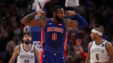 DETROIT, MI - OCTOBER 17: Andre Drummond #0 of the Detroit Pistons reacts to a fourth quarter play while playing the Brooklyn Nets during the home opener at Little Caesars Arena on October 17, 2018 in Detroit, Michigan. NOTE TO USER: User expressly acknowledges and agrees that, by downloading and or using this photograph, User is consenting to the terms and conditions of the Getty Images License Agreement. (Photo by Gregory Shamus/Getty Images)