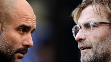 FILE PHOTO (EDITORS NOTE: COMPOSITE OF IMAGES - Image numbers 911384050,856402376 - GRADIENT ADDED) In this composite image a comparison has been made between Josep Guardiola, Manager of Manchester City (L) and Liverpool manager Jurgen Klopp. Manchester City and Liverpool FC meet in a Premier League fixture at the Etihad Stadium on January 3, 2019 in Manchester. ***LEFT IMAGE*** CARDIFF, WALES - JANUARY 28: Josep Guardiola, Manager of Manchester City looks on prior to The Emirates FA Cup Fourth Round between Cardiff City and Manchester City on January 28, 2018 in Cardiff, United Kingdom. (Photo by Harry Trump/Getty Images) ***RIGHT IMAGE*** NEWCASTLE UPON TYNE, ENGLAND - OCTOBER 01: Liverpool manager Jurgen Klopp looks on during the Premier League match between Newcastle United and Liverpool at St. James Park on October 1, 2017 in Newcastle upon Tyne, England. (Photo by Ian MacNicol/Getty Images)