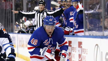 NEW YORK, NEW YORK - OCTOBER 03: Brendan Lemieux #48 of the New York Rangers skates against the Winnipeg Jets at Madison Square Garden on October 03, 2019 in New York City. The Rangers defeated the Jets 6-4. (Photo by Bruce Bennett/Getty Images)