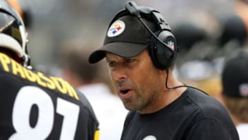 Sep 8, 2013; Pittsburgh, PA, USA; Pittsburgh Steelers offensive coordinator Todd Haley talks with tight end David Paulson (81) during the game against the Tennessee Titans at Heinz Field. Mandatory Credit: Jason Bridge-USA TODAY Sports