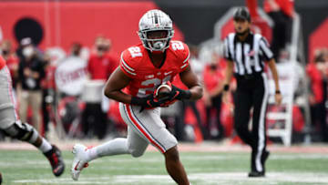 COLUMBUS, OH - APRIL 17: Evan Pryor #21 of the Ohio State Buckeyes in action during the Spring Game at Ohio Stadium on April 17, 2021 in Columbus, Ohio. (Photo by Jamie Sabau/Getty Images)