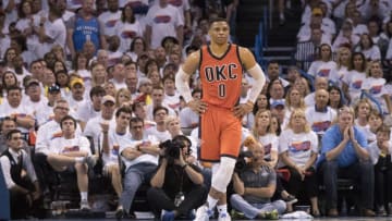 OKLAHOMA CITY, OK - APRIL 23: Russell Westbrook #0 of the Oklahoma City Thunder stands on the far end of the court during the second half of Game Four against the Houston Rockets in the 2017 NBA Playoffs Western Conference Quarterfinals on April 23, 2017 in Oklahoma City. The Rockets defeated the Thunder 113-109. NOTE TO USER: User expressly acknowledges and agrees that, by downloading and or using this photograph, User is consenting to the terms and conditions of the Getty Images License Agreement. (Photo by J Pat Carter/Getty Images)