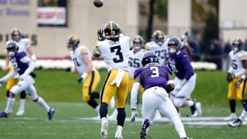 EVANSTON, ILLINOIS - OCTOBER 26: Tyrone Tracy Jr. #3 of the Iowa Hawkeyes catches a pass in the game against the Northwestern Wildcats during the first quarter at Ryan Field on October 26, 2019 in Evanston, Illinois. (Photo by Justin Casterline/Getty Images)