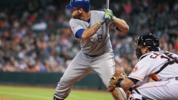 Apr 17, 2014; Houston, TX, USA; Kansas City Royals third baseman Mike Moustakas (8) bats during the fourth inning against the Houston Astros at Minute Maid Park. Mandatory Credit: Troy Taormina-USA TODAY Sports