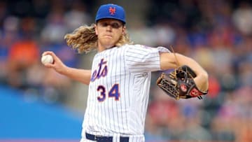 Jul 8, 2016; New York City, NY, USA; New York Mets starting pitcher Noah Syndergaard (34) pitches against the Washington Nationals during the first inning at Citi Field. Mandatory Credit: Brad Penner-USA TODAY Sports