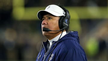 SOUTH BEND, INDIANA - NOVEMBER 16: Head coach Ken Niumatalolo of the Navy Midshipmen looks on in the fourth quarter against the Wisconsin Badgers at Notre Dame Stadium on November 16, 2019 in South Bend, Indiana. (Photo by Dylan Buell/Getty Images)