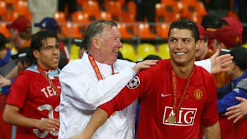 MOSCOW - MAY 21: Manchester United manager Sir Alex Ferguson (C) smiles with Cristiano Ronaldo of Manchester United after the UEFA Champions League Final match between Manchester United and Chelsea at the Luzhniki Stadium on May 21, 2008 in Moscow, Russia. (Photo by Alex Livesey/Getty Images)