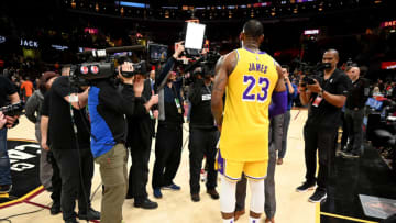 CLEVELAND, OH - NOVEMBER 21: LeBron James #23 of the Los Angeles Lakers is interviewed after the game against the Cleveland Cavaliers during the second half at Quicken Loans Arena on November 21, 2018 in Cleveland, Ohio. The Lakers defeated the Cavaliers 109-105. NOTE TO USER: User expressly acknowledges and agrees that, by downloading and/or using this photograph, user is consenting to the terms and conditions of the Getty Images License Agreement. (Photo by Jason Miller/Getty Images)