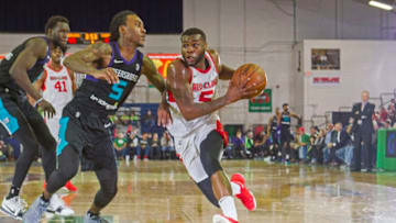 PORTLAND, ME - JANUARY 25: Kadeem Allen #5 of the Maine Red Claws drives to the basket against the Greensboro Swarm on January 25, 2018 at the Portland Expo in Portland, Maine. NOTE TO USER: User expressly acknowledges and agrees that, by downloading and/or using this photograph, user is consenting to the terms and conditions of the Getty Images License Agreement. Mandatory Copyright Notice: Copyright 2018 NBAE (Photo by Rich Obrey/NBAE via Getty Images)