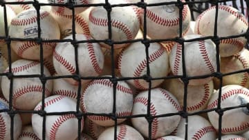 OMAHA, NE - JUNE 26: A general view of a basket of batting practice balls, during batting practice before game one of the College World Series Championship Series between the Arkansas Razorbacks and the Oregon State Beavers on June 26, 2018 at TD Ameritrade Park in Omaha, Nebraska. (Photo by Peter Aiken/Getty Images)