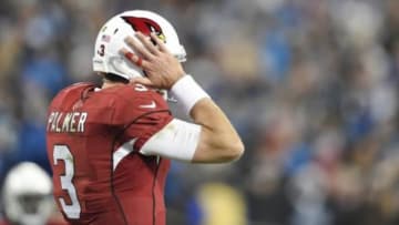 Jan 24, 2016; Charlotte, NC, USA; Arizona Cardinals quarterback Carson Palmer (3) reacts during the second quarter against the Carolina Panthers in the NFC Championship football game at Bank of America Stadium. Mandatory Credit: John David Mercer-USA TODAY Sports