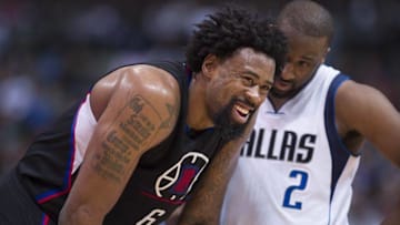 Mar 7, 2016; Dallas, TX, USA; Dallas Mavericks guard Raymond Felton (2) jokes with Los Angeles Clippers center DeAndre Jordan (6) during the second half at the American Airlines Center. The Clippers defeat the Mavericks 109-90. Mandatory Credit: Jerome Miron-USA TODAY Sports