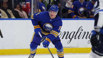 Jan 12, 2023; Buffalo, New York, USA; Buffalo Sabres left wing Victor Olofsson (71) looks to shoot the puck during the second period against the Winnipeg Jets at KeyBank Center. Mandatory Credit: Timothy T. Ludwig-USA TODAY Sports