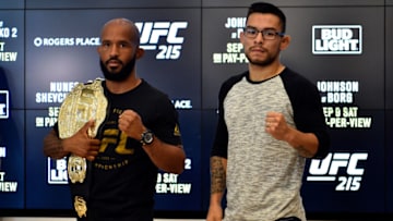 EDMONTON, AB - SEPTEMBER 06: (L-R) UFC flyweight champion Demetrious Johnson and Ray Borg pose for the media during the UFC 215 Ultimate Media Day at Rogers Place on September 6, 2017 in Edmonton, Alberta, Canada. (Photo by Jeff Bottari/Zuffa LLC/Zuffa LLC via Getty Images)