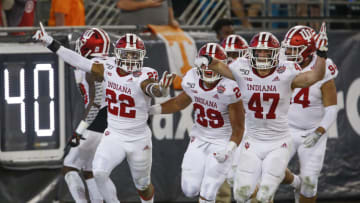 Jan 2, 2020; Jacksonville, Florida, USA; Indiana Hoosiers defensive back Jamar Johnson (22)leads the celebration following an interception teturn for a touchdown against the Tennessee Volunteers during the second half in the 2020 Taxslayer Gator Bowl at TIAA Bank Field. Mandatory Credit: Reinhold Matay-USA TODAY Sports