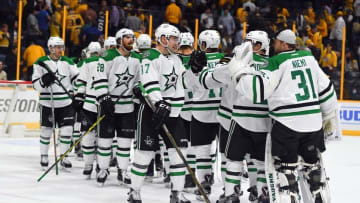 Oct 18, 2016; Nashville, TN, USA; Dallas Stars players celebrate after a win against the Nashville Predators at Bridgestone Arena. The Stars won 2-1. Mandatory Credit: Christopher Hanewinckel-USA TODAY Sports