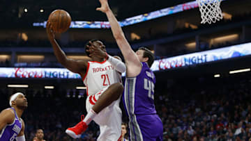 SACRAMENTO, CA - APRIL 11: Chinanu Onuaku #21 of the Houston Rockets shoots the ball against Jack Cooley #45 of the Sacramento Kings at Golden 1 Center on April 11, 2018 in Sacramento, California. NOTE TO USER: User expressly acknowledges and agrees that, by downloading and or using this photograph, User is consenting to the terms and conditions of the Getty Images License Agreement. (Photo by Lachlan Cunningham/Getty Images)