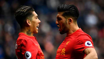 WEST BROMWICH, ENGLAND - APRIL 16: Roberto Firmino of Liverpool celebrates scoring his sides first goal with Emre Can of Liverpool during the Premier League match between West Bromwich Albion and Liverpool at The Hawthorns on April 16, 2017 in West Bromwich, England. (Photo by Stu Forster/Getty Images)