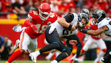 KANSAS CITY, MO - OCTOBER 7: Linebacker Terrance Smith #48 of the Kansas City Chiefs sacked quarterback Blake Bortles #5 of the Jacksonville Jaguars in the fourth quarter on October 7 in Kansas City, Missouri. The Chiefs won 30-14. (Photo by David Eulitt/Getty Images) ***Terrance Smith, Blake Bortles ***