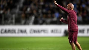 CARY, NORTH CAROLINA - DECEMBER 02: Head coach Brian Pensky of Florida State Seminoles yells to his team in the second half of the game during the semifinals round at Sahlen's Stadium at WakeMed Soccer Park on December 02, 2022 in Cary, North Carolina. (Photo by Eakin Howard/Getty Images)
