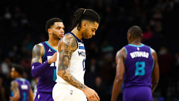 MINNEAPOLIS, MN - FEBRUARY 12: D'Angelo Russell #0 of the Minnesota Timberwolves looks on against the Charlotte Hornets in the fourth quarter of the game at Target Center on February 12, 2020 in Minneapolis, Minnesota. The Hornets defeated the Timberwolves 115-108. NOTE TO USER: User expressly acknowledges and agrees that, by downloading and or using this Photograph, user is consenting to the terms and conditions of the Getty Images License Agreement. (Photo by David Berding/Getty Images)