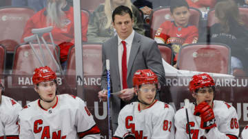 Apr 13, 2023; Sunrise, Florida, USA; Carolina Hurricanes head coach Rod Brind’Amour looks on from the bench during the third period against the Florida Panthers at FLA Live Arena. Mandatory Credit: Sam Navarro-USA TODAY Sports