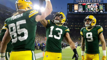 Green Bay Packers tight end Robert Tonyan (85) and wide receiver Allen Lazard (13) celebrate Tonyan’s second quareter touchdown against the Minnesota Vikings during their football game on Sunday, January, 1, 2023 at Lambeau Field in Green Bay, Wis. Wm. Glasheen USA TODAY NETWORK-WisconsinApc Packers Vs Vikings 1616 010123 Wag
