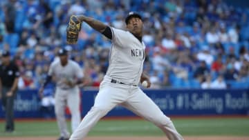 TORONTO, ON - JULY 7: Aroldis Chapman #54 of the New York Yankees delivers a pitch in the ninth inning during MLB game action against the Toronto Blue Jays at Rogers Centre on July 7, 2018 in Toronto, Canada. (Photo by Tom Szczerbowski/Getty Images)