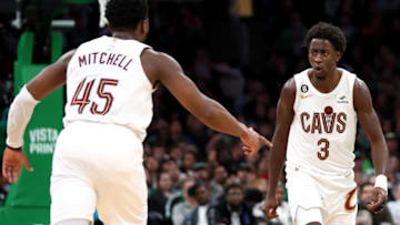 BOSTON, MASSACHUSETTS - OCTOBER 28: Donovan Mitchell #45 of the Cleveland Cavaliers celebrates with Caris LeVert #3 after scoring against the Boston Celtics qduring the second half at TD Garden on October 28, 2022 in Boston, Massachusetts. NOTE TO USER: User expressly acknowledges and agrees that, by downloading and or using this photograph, User is consenting to the terms and conditions of the Getty Images License Agreement. (Photo by Maddie Meyer/Getty Images)