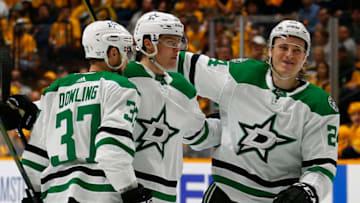 NASHVILLE, TENNESSEE - APRIL 10: Roope Hintz #24 and Justin Dowling #37 of the Dallas Stars congratulate teammate Miro Heiskanen #4 on scoring a goal against the Nashville Predators during the second period in Game One of the Western Conference First Round during the 2019 NHL Stanley Cup Playoffs at Bridgestone Arena on April 10, 2019 in Nashville, Tennessee. (Photo by Frederick Breedon/Getty Images)