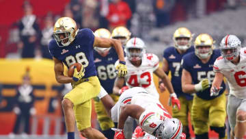 Jan 1, 2016; Glendale, AZ, USA; Notre Dame Fighting Irish wide receiver Corey Robinson (88) against the Ohio State Buckeyes during the 2016 Fiesta Bowl at University of Phoenix Stadium. Mandatory Credit: Mark J. Rebilas-USA TODAY Sports